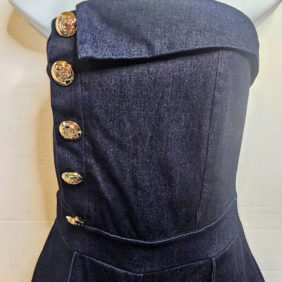 LILLY'S KLOSET KNIT DENIM STRAPLESS JUMPSUIT SZ S FLARE LEG ZIP BACK NO CARE TAG - Picture 2 of 10